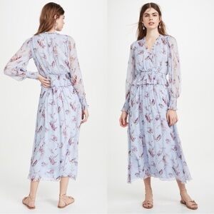 JOIE Yashi Ruffled Long Sleeve Chiffon Floral Silk Maxi Dress Blue Sz S
